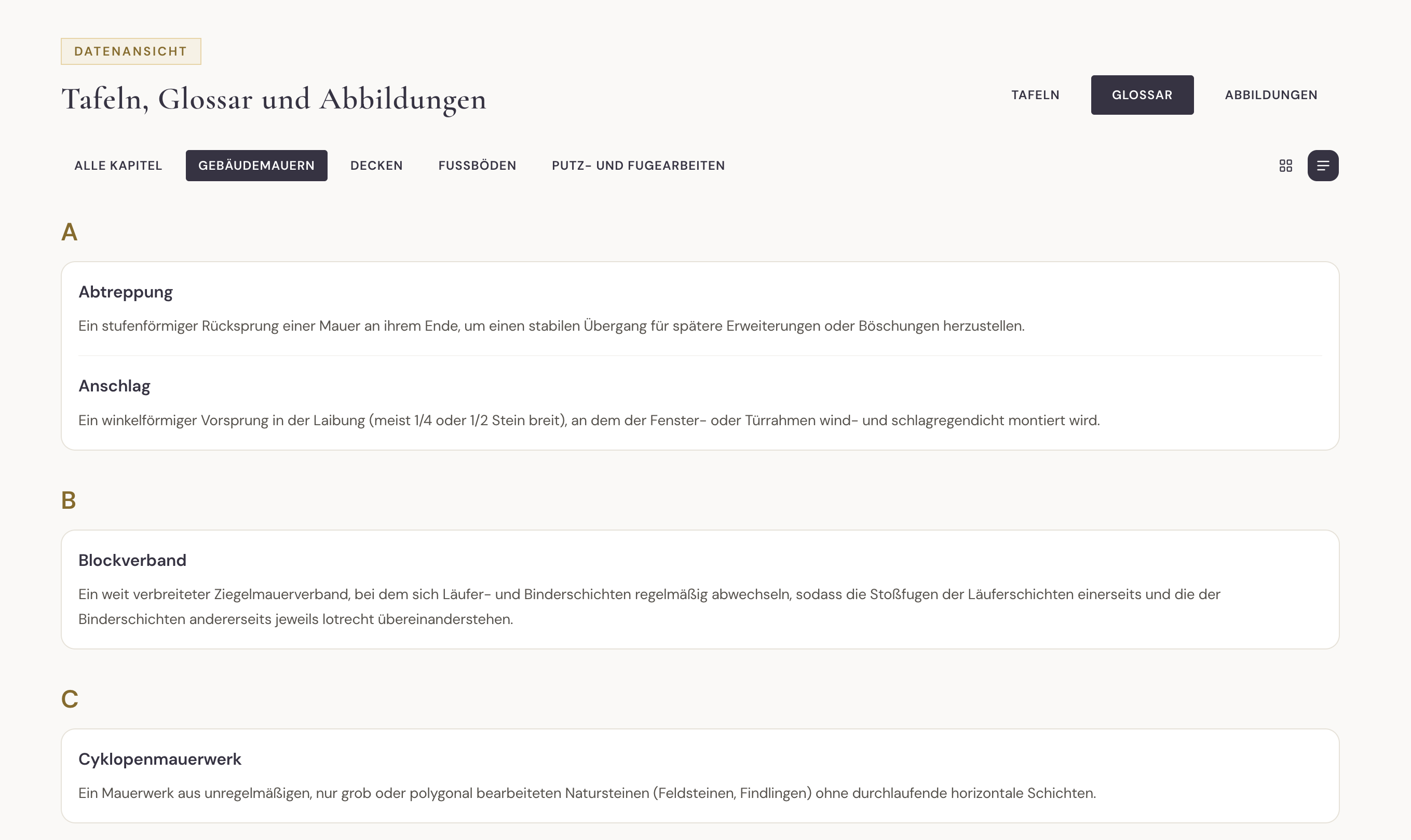 Glossar-Ansicht mit alphabetischer Begriffsliste