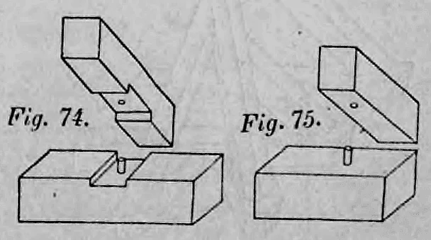 Fig. 74, 75: Darstellung der Holzverbindung durch Verdollung mit Hilfe von Eichenholznägeln.