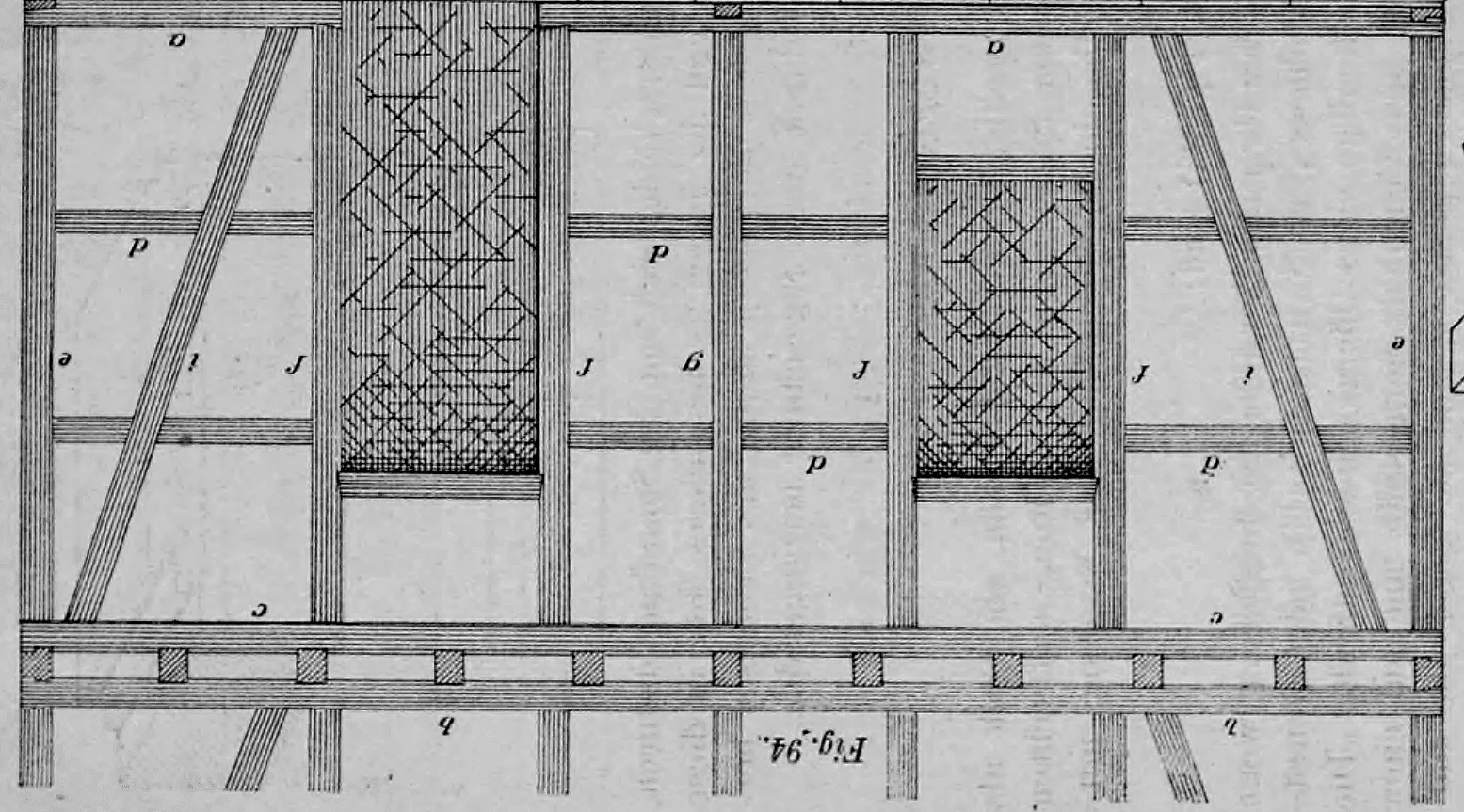 Fig. 94: Vollständige Ansicht einer Fachwerkwand mit Kennzeichnung der konstruktiven Elemente.