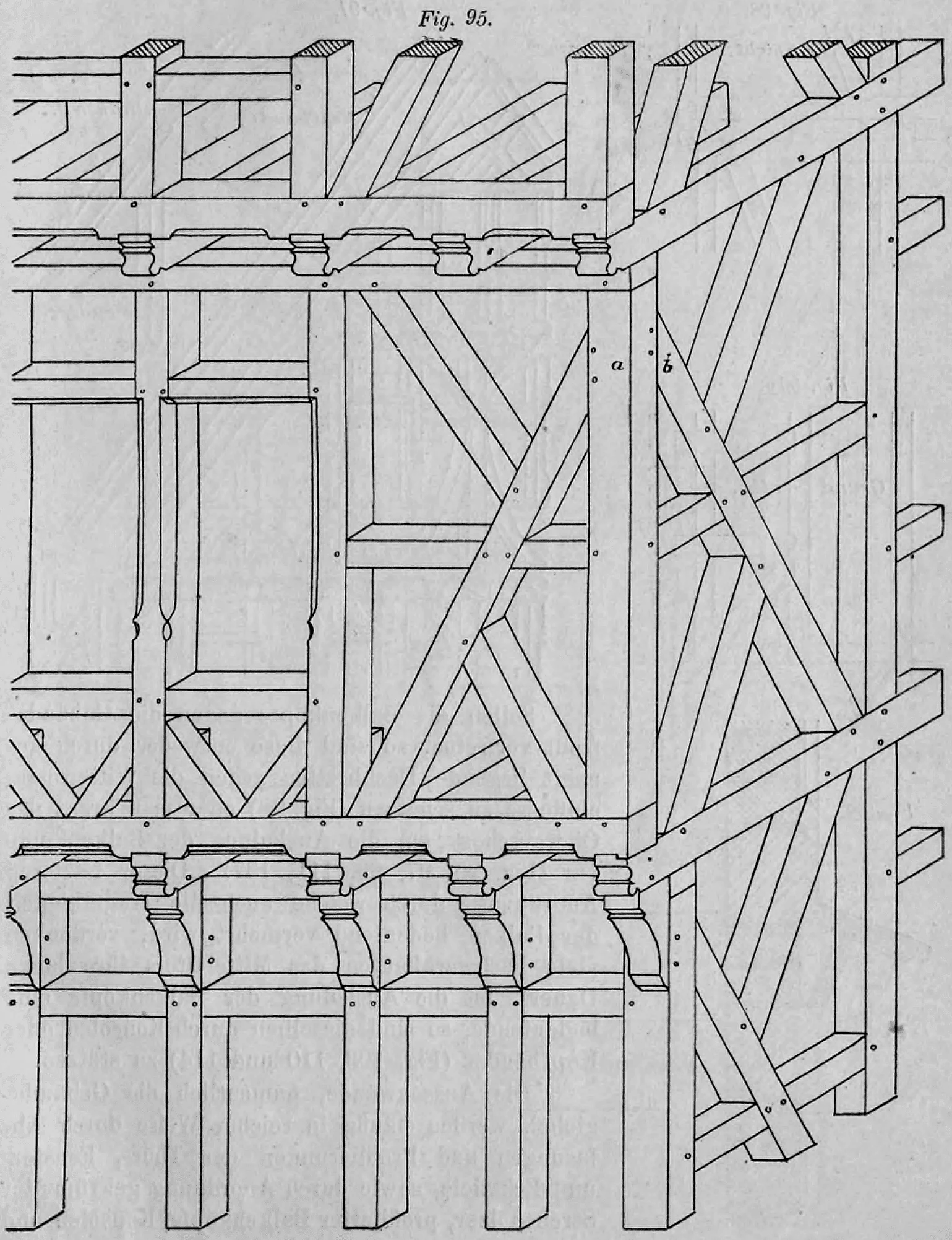 Fig. 95: Perspektivische Detailansicht einer Fachwerk-Wandkonstruktion mit Vorkragung des Obergeschosses.