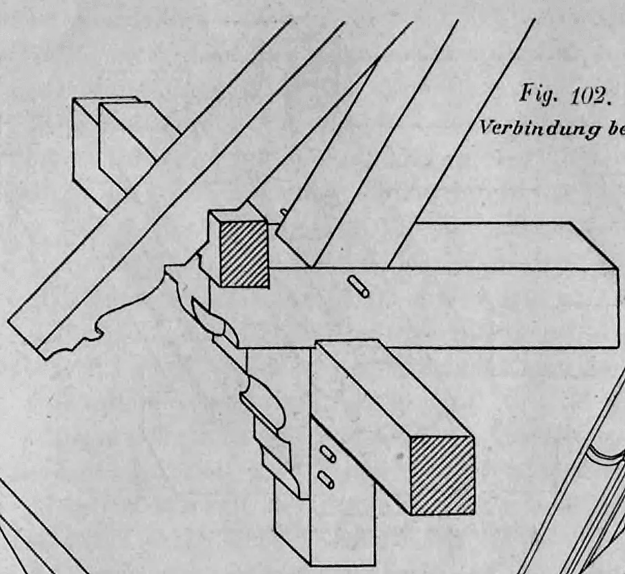 Fig. 102: Isometrische Detaildarstellung einer komplexen Holzverbindung an einem Dach- oder Deckenknotenpunkt.