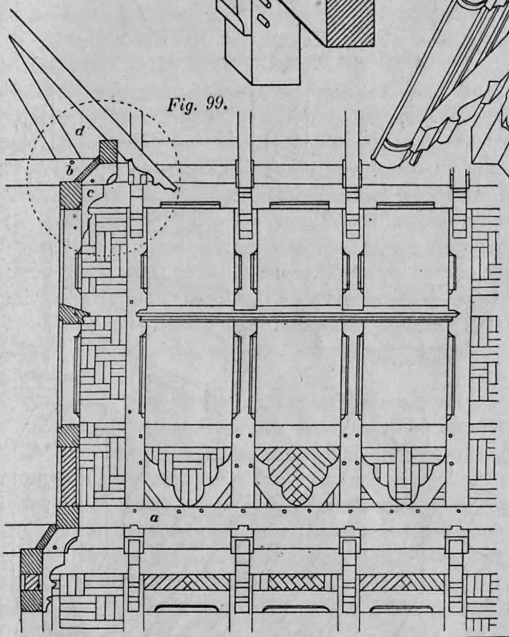 Fig. 99: Isometrische Ansicht einer reich verzierten Fachwerkwand mit dekorativen Mustern in der Ziegelausfachung.