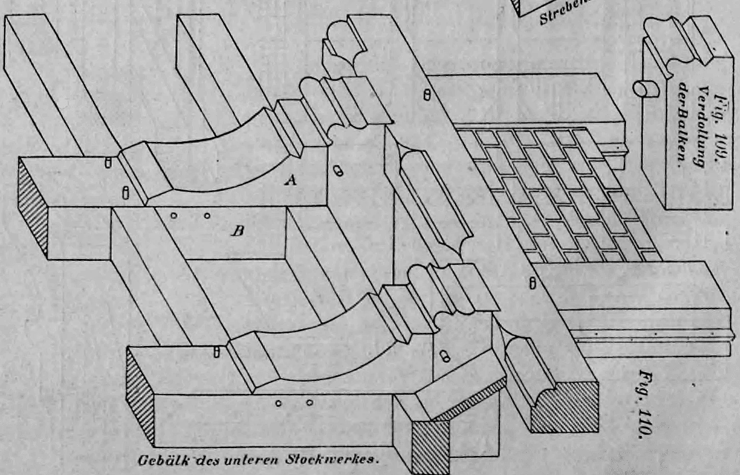 Fig. 110: Isometrische Darstellung: Gebälk des unteren Stockwerkes mit stützenden Konsolen.