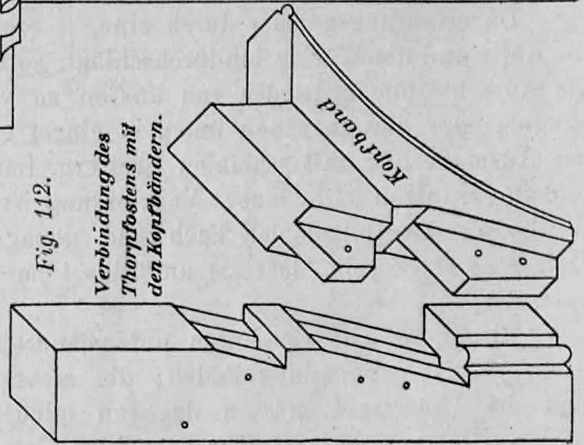 Fig. 112: Detailzeichnung der zimmermannsmäßigen Verbindung zwischen einem Torpfosten und den stützenden Kopfbändern.