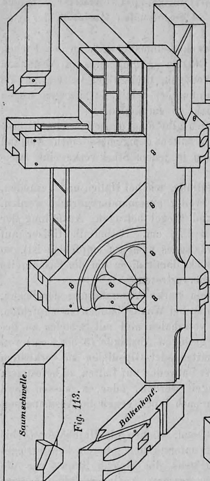 Fig. 113: Isometrische Ansichten einer Saumschwelle und eines prunkvoll verzierten Balkenkopfs.