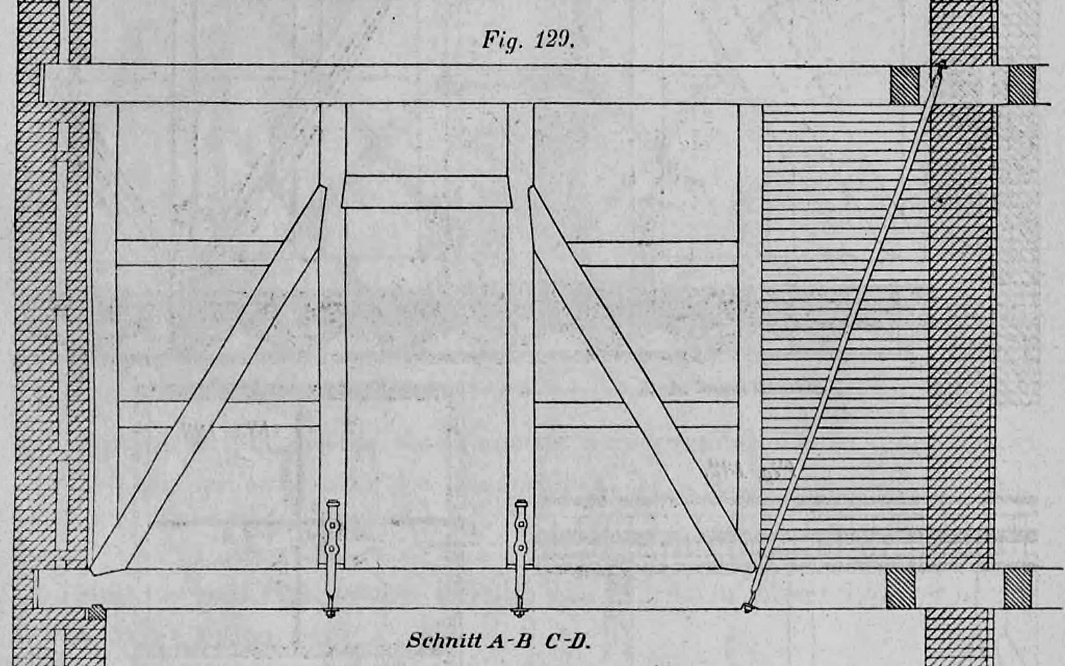 Fig. 129: Vertikalschnitt einer Hängewerk-Konstruktion innerhalb einer Fachwerkwand.