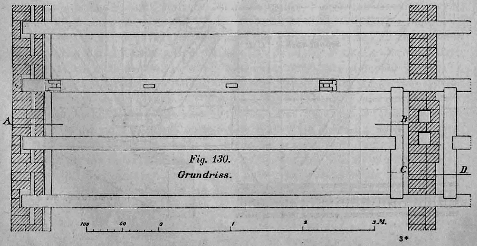 Fig. 130: Grundriss der Balkenlage und der tragenden Wände passend zur Schnittzeichnung in Fig. 129.