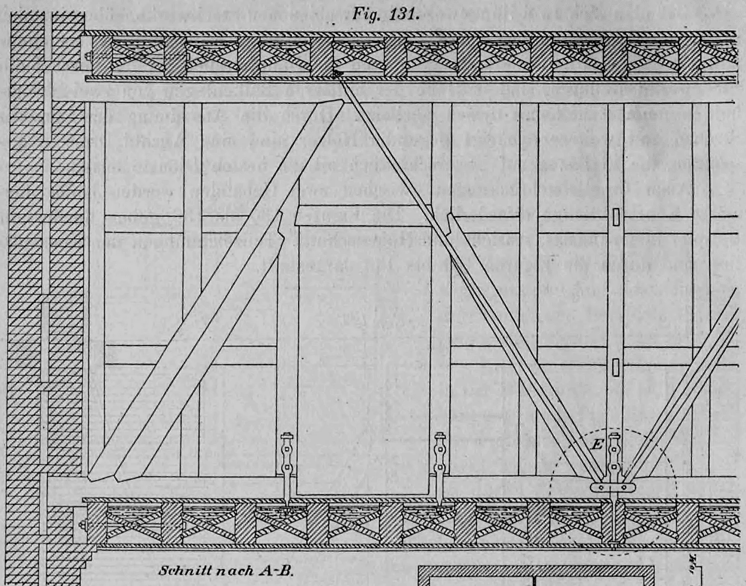 Fig. 131: Längsschnitt durch eine Deckenkonstruktion mit verstärktem Hängewerk.