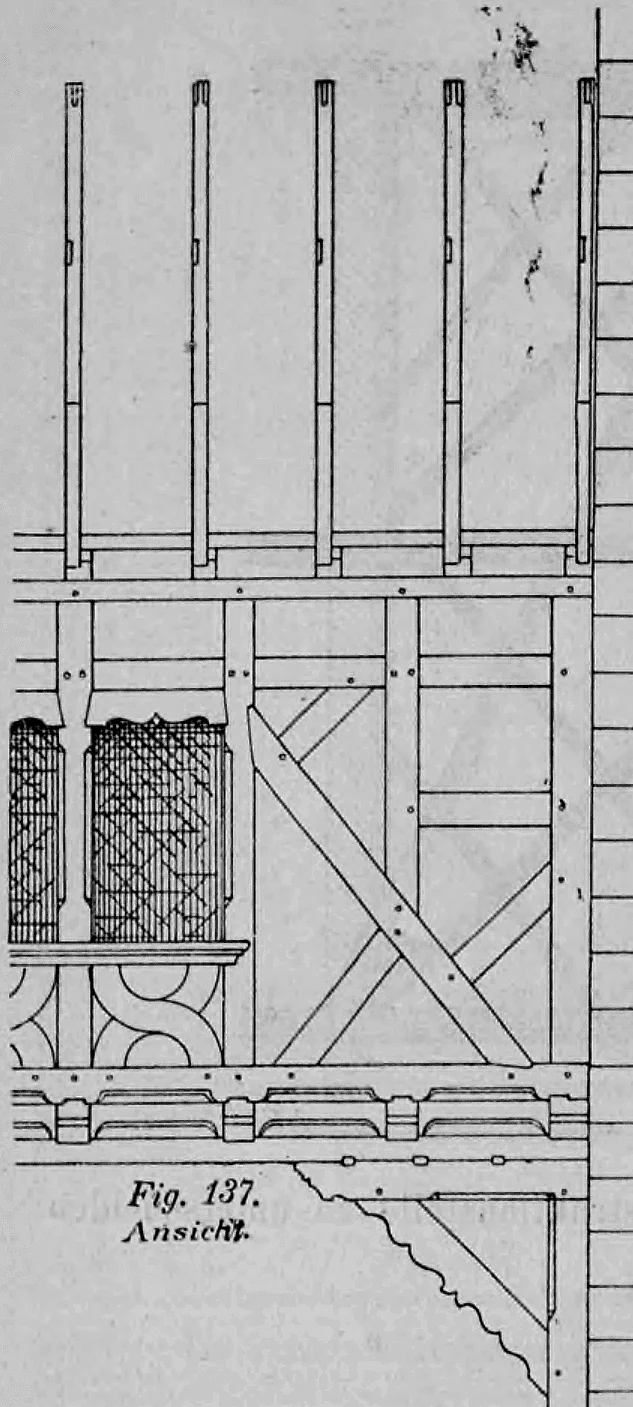 Fig. 137: Vorderansicht einer reich verzierten Fachwerk-Überbrückung.
