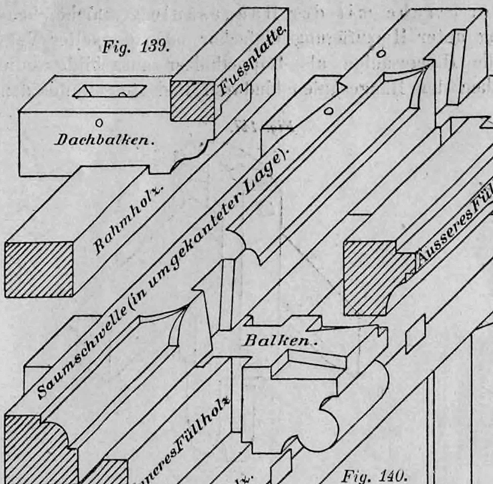 Fig. 139: Detailzeichnung der obere Balkenlage mit Anschlüssen von Dachbalken und Saumschwelle.