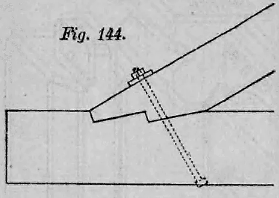Fig. 144: Detailzeichnung einer schrägen Strebenverbindung mit einem horizontalen Holzbalken.