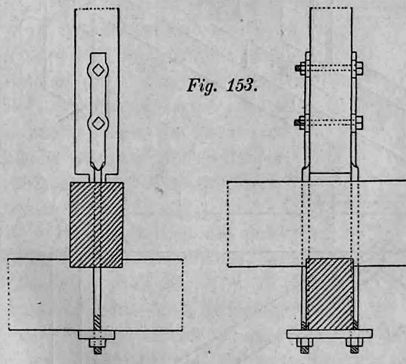 Fig. 153: Hängeeisen-Konstruktion mit Gewinde und Muttern unter dem Balken.