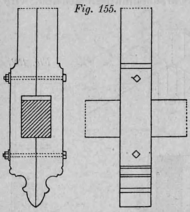 Fig. 155: Schnitt und Ansicht einer Verbindung, bei der eine doppelte Hängesäule einen horizontalen Balken umschließt.