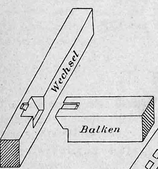 Bild 2: Isometrisches Detail einer Zapfenverbindung zwischen einem Wechsel und einem Balken.