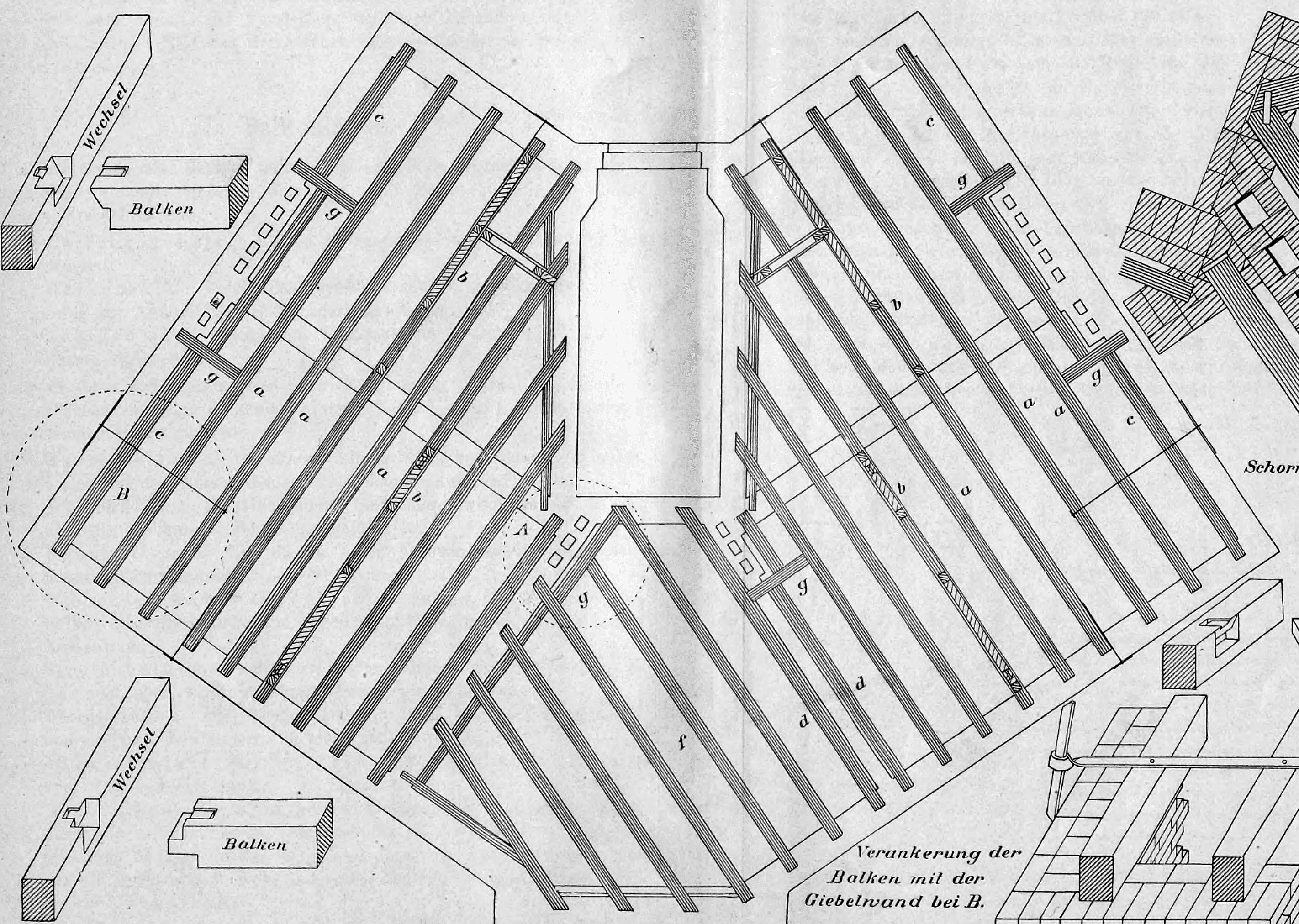 Bild 4: Technischer Verlegeplan einer Balkenlage mit verschiedenen Balkentypen in einem unregelmäßigen Grundriss.