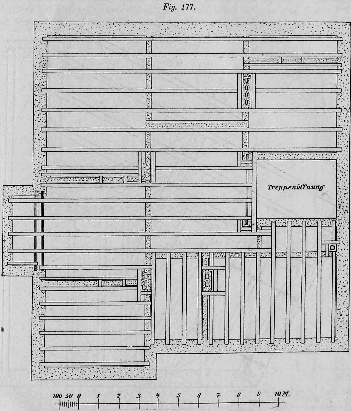 Fig. 177: Technischer Grundriss einer Balkenlage mit Darstellung einer Treppenöffnung.