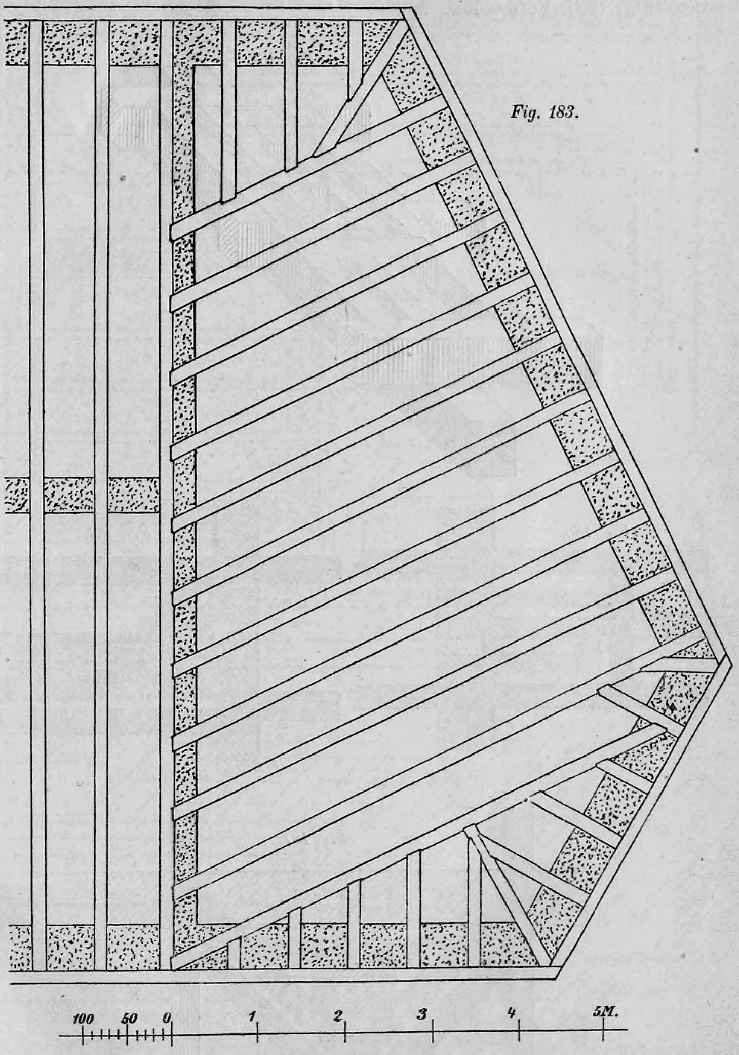 Fig. 183.: Grundriss einer Balkenlage mit einem schräg verlaufenden Eisenträger.