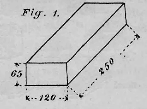 Fig. 1: Isometrische Darstellung eines Ziegelsteines im Normalformat mit Maßangaben.