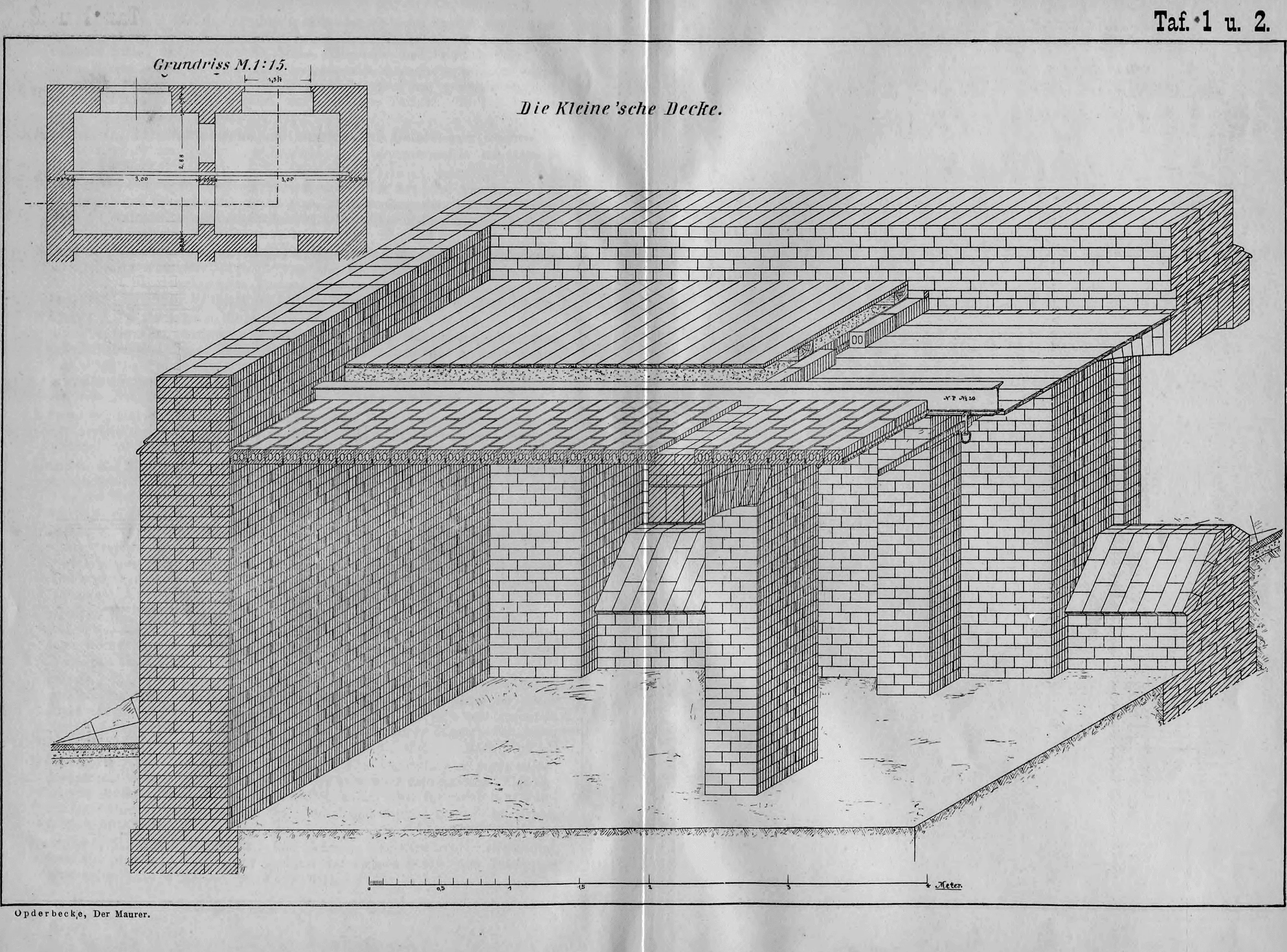 Tafel 1 u. 2: Umfassende technische Zeichnung einer Kleine'schen Decke mit Grundriss und perspektivischer Schnittdarstellung.