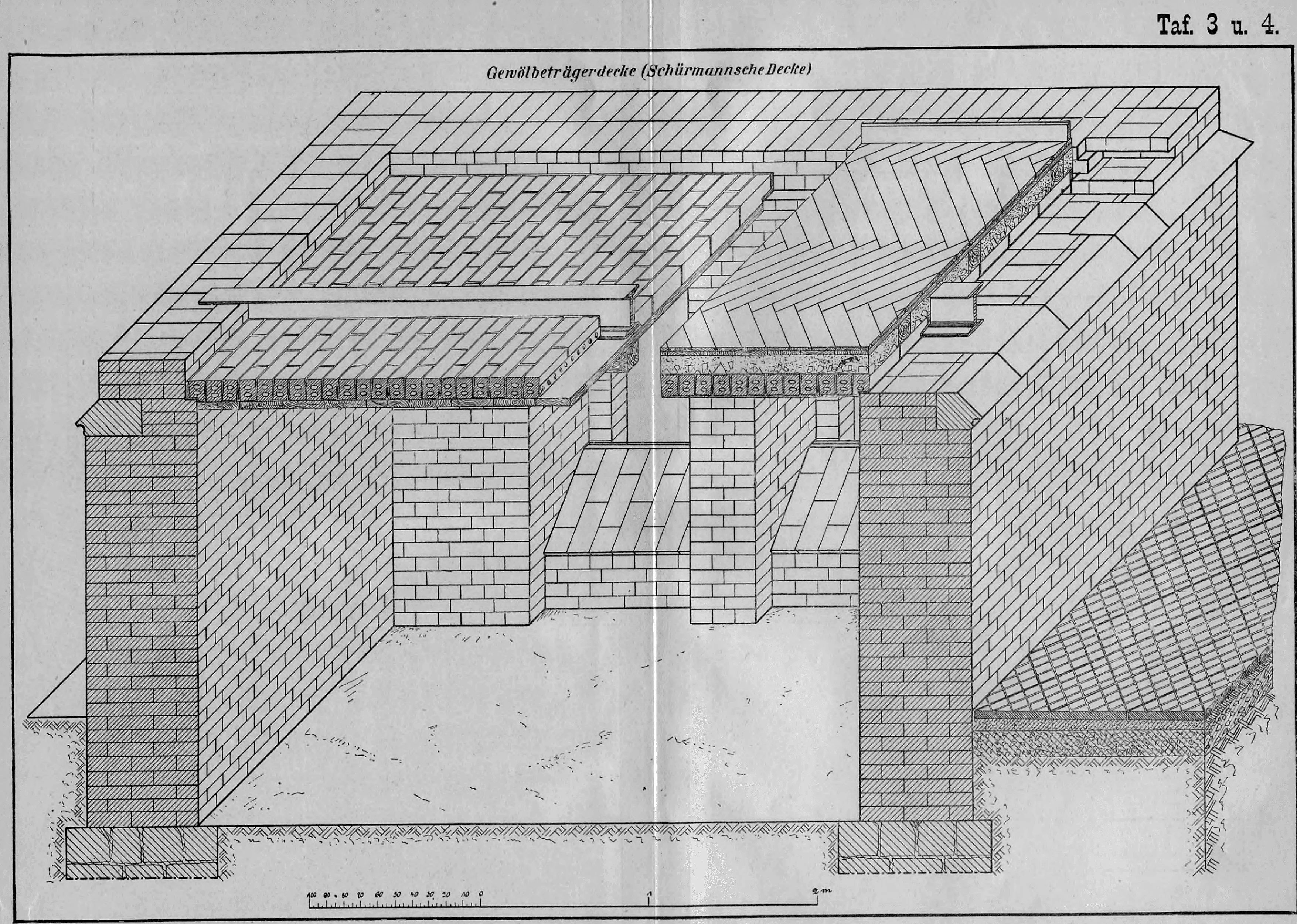 Taf. 3 u. 4.: Perspektivische Schnittdarstellung einer Schürmannschen Gewölbeträgerdecke mit Details zum Mauerwerksanschluss und Bodenaufbau.