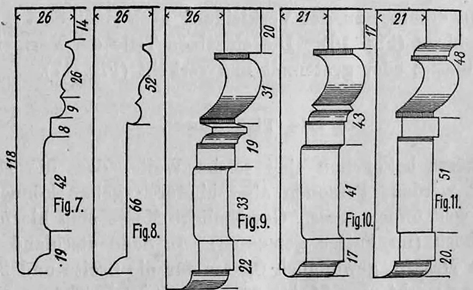 Fig. 7 bis Fig. 11: Profilbeispiele für Türbekleidungen mit Maßangaben.