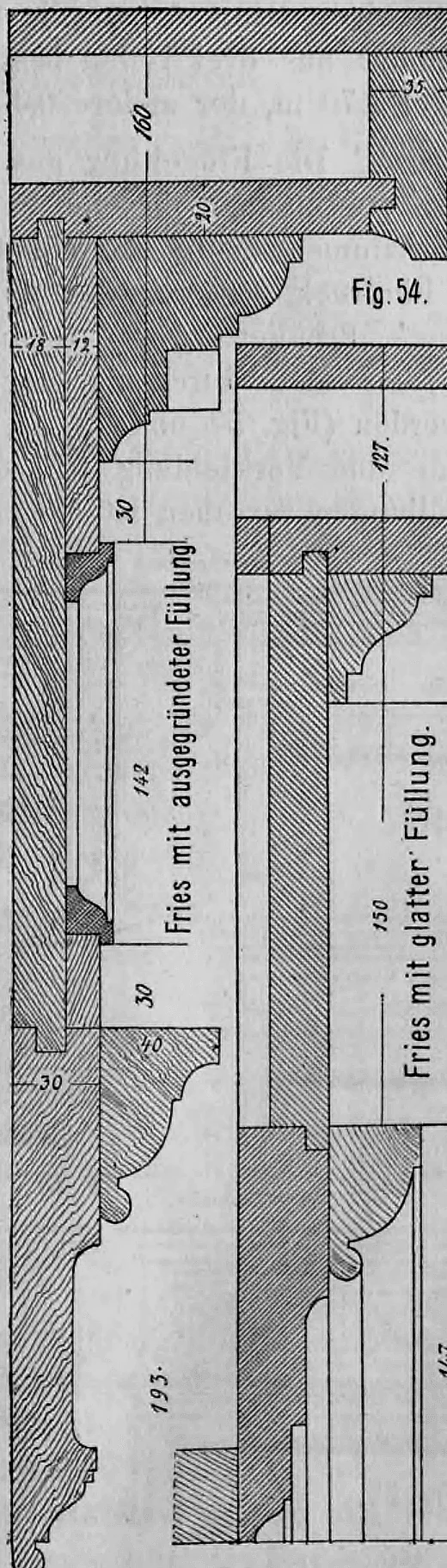 Fig. 54: Vertikalschnitt durch eine Türverdachung und einen Rahmen mit ausgegründeter Füllung.
