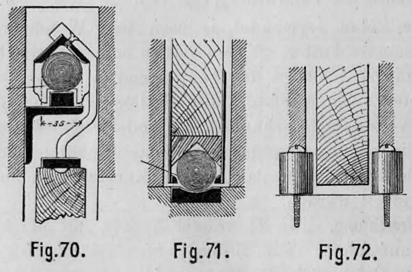 Fig. 70. Fig. 71. Fig. 72.: Details der Weikum'schen Schiebetür mit Kugellagerung.