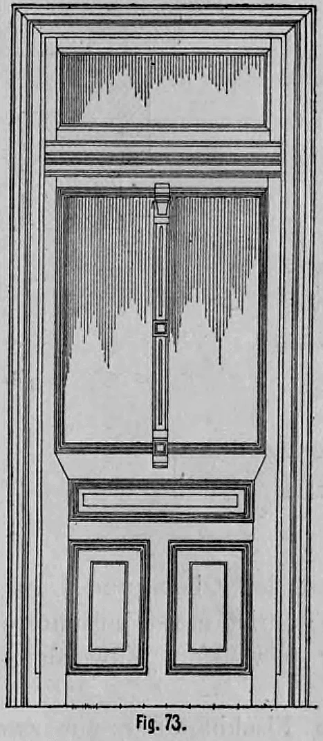 Fig. 73: Ansicht einer zweiflügeligen Glastür mit Holzfüllungen im unteren Bereich.