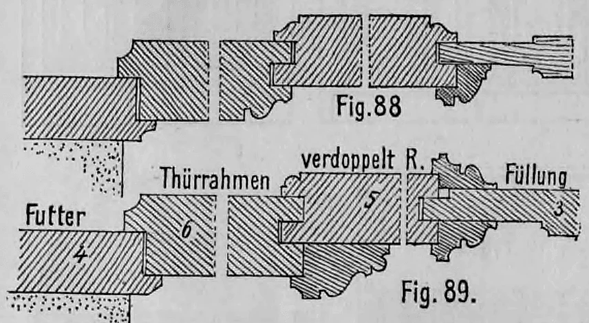 Fig. 88, Fig. 89: Horizontale und vertikale Profilschnitte eines verzierten Haustürrahmens mit doppelten Rahmstücken.