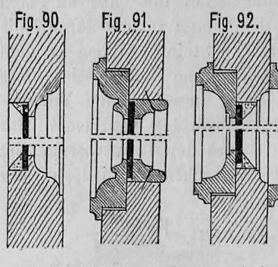 Fig. 90, Fig. 91, Fig. 92: Vertikalschnitte durch verschiedene Glaseinfassungen in Türflügeln.