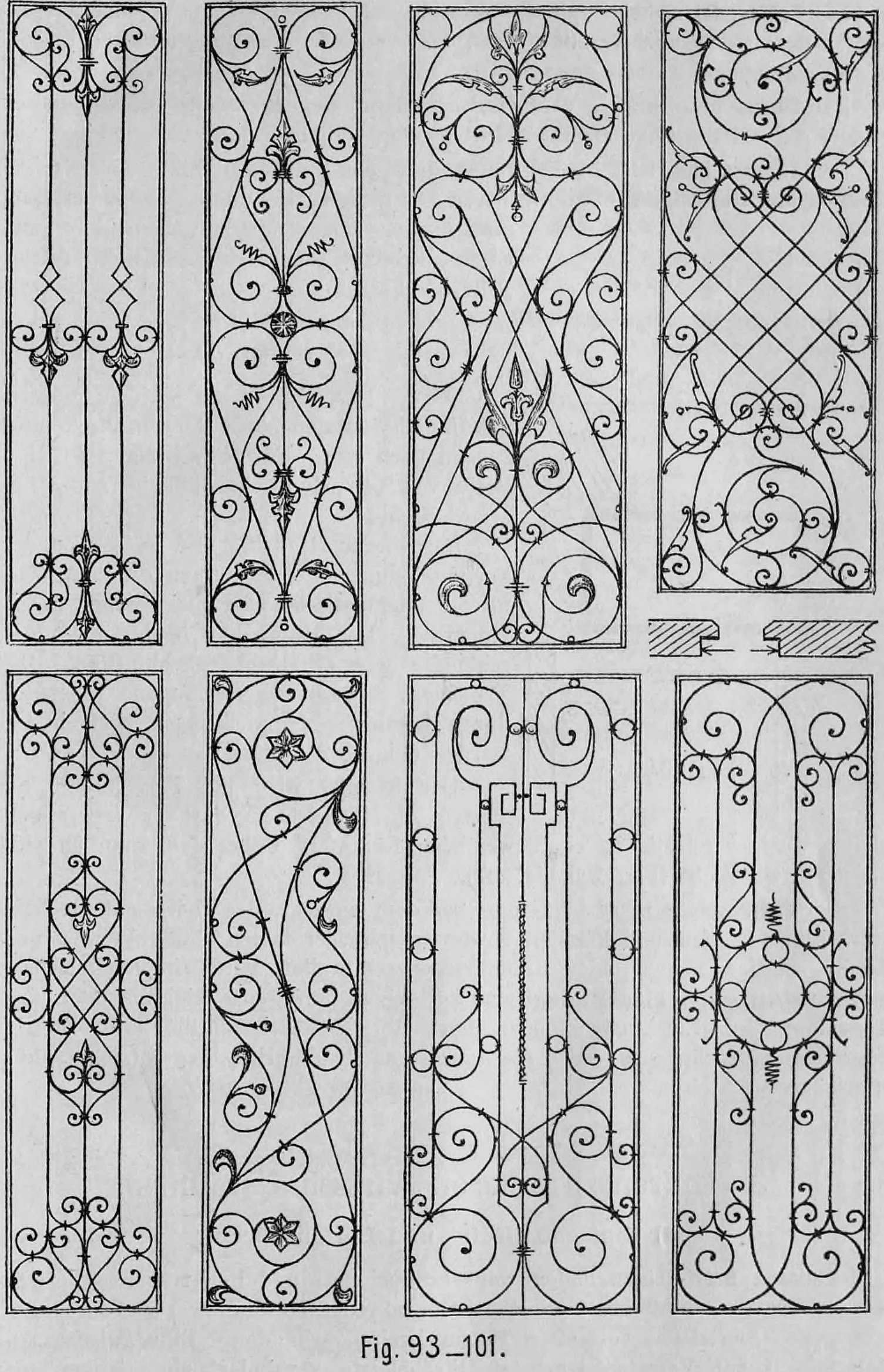 Fig. 93-101: Eine Zusammenstellung von neun Entwürfen für dekorative eiserne Türfüllungsgitter.