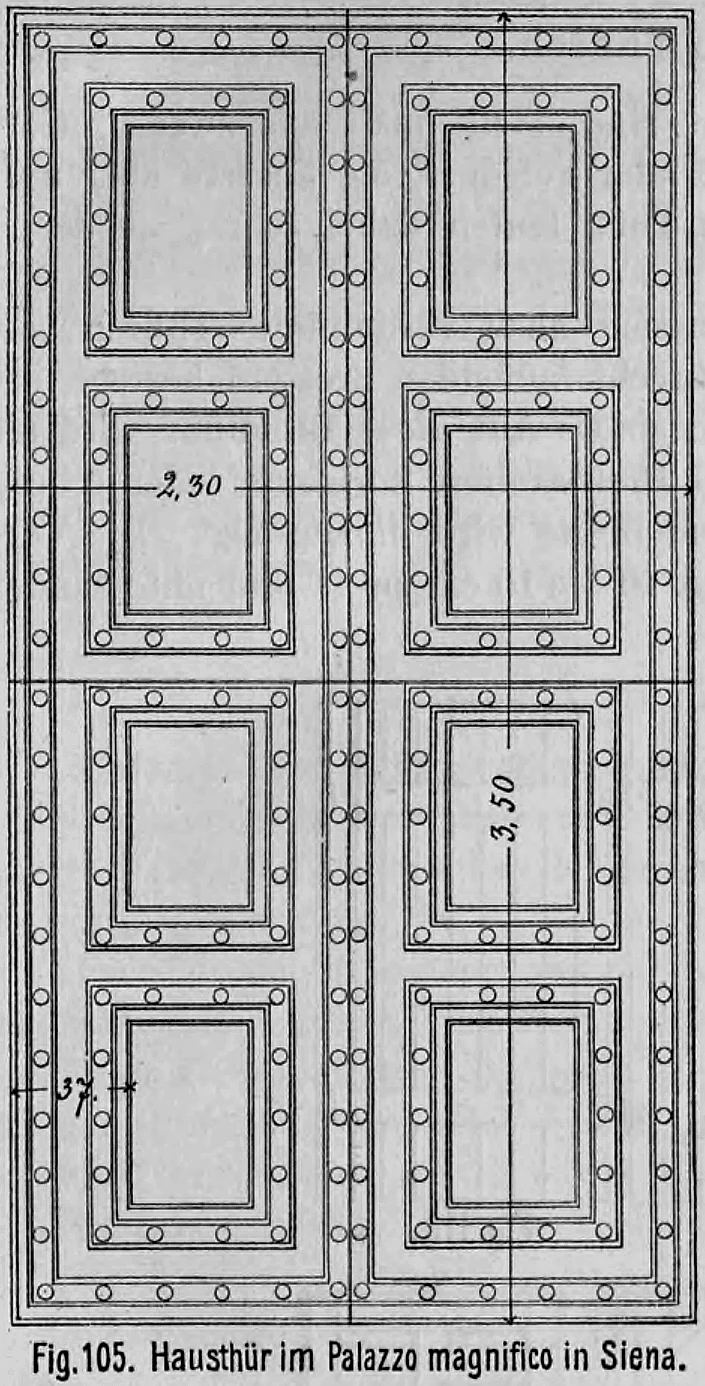 Fig. 105: Prachtvolle zweiflügelige Haustür mit zahlreichen Kassettenfüllungen aus dem Palazzo Magnifico in Siena.