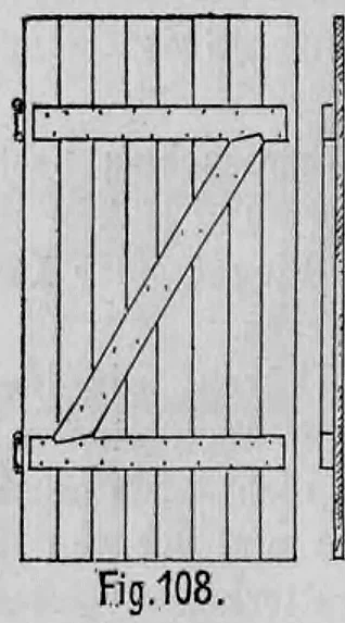 Fig. 108: Ansicht und Profil einer einfachen Brettertür mit aufgenagelten Deckleisten.