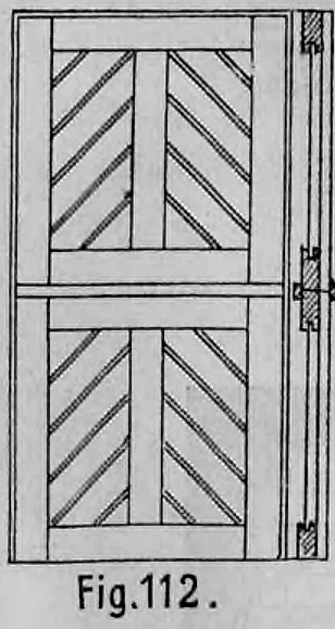 Fig. 112: Ansicht einer verdoppelten Stalltür mit jalousieartig überlappenden Brettern.
