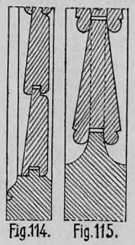 Fig. 114, Fig. 115: Schnitt- und Detailzeichnungen von Jalousiebrettchen und deren Überfalzung.