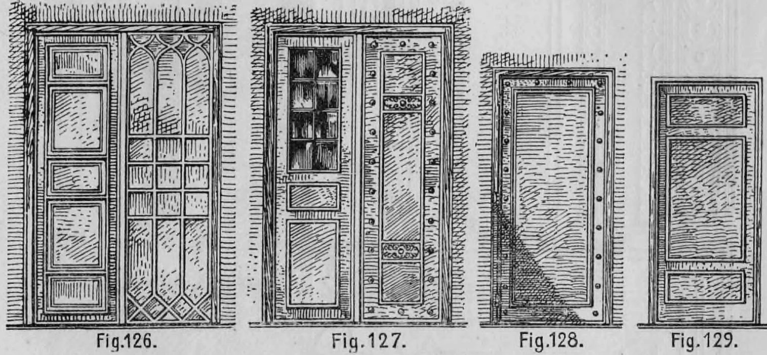 Fig. 126, 127, 128, 129: Vier verschiedene Ausführungen eiserner Panzertüren der Firma Spengler aus Berlin.