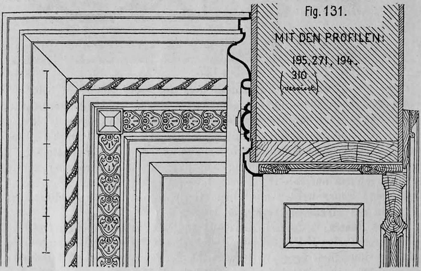 Fig. 131: Detailzeichnung weiterer eiserner Türprofilen und einer dekorativen Rahmenecke.