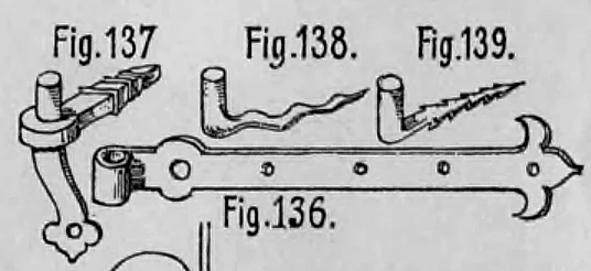 Fig. 136-139: Vier verschiedene Typen von Türkloben und Haken zur Befestigung von Türbändern.