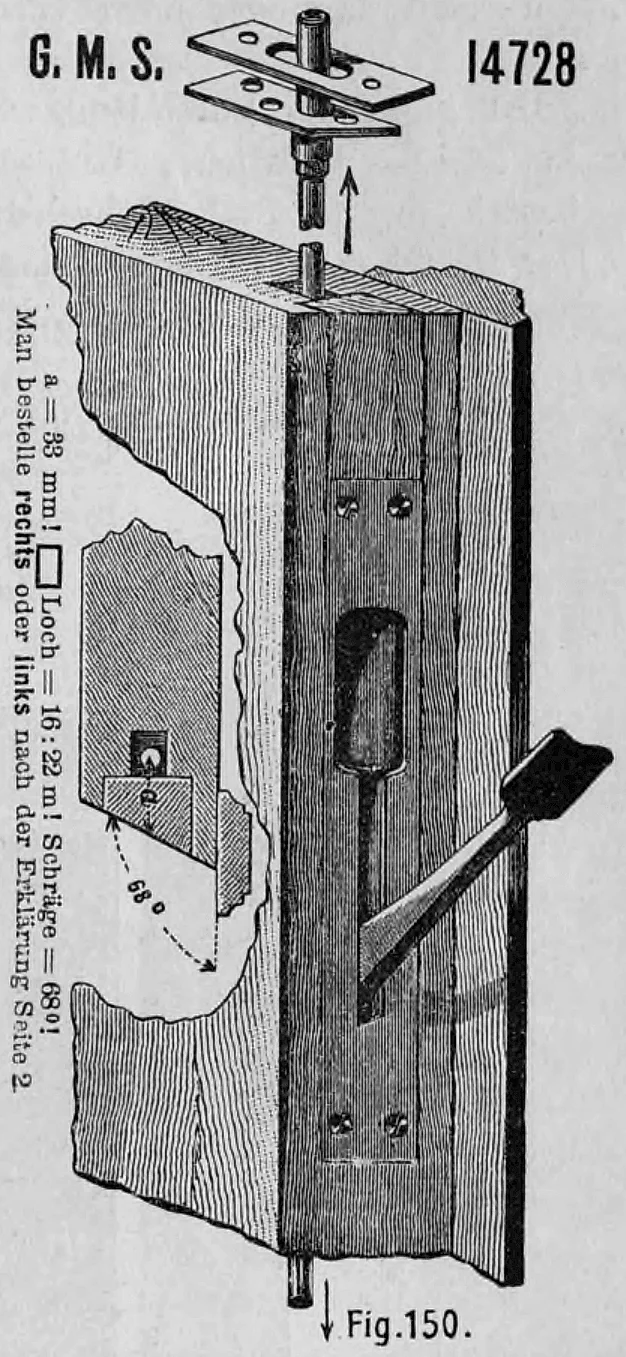 Fig. 150: Detailzeichnung eines in eine Türkante eingelassenen Hebebascül-Verschlusses.