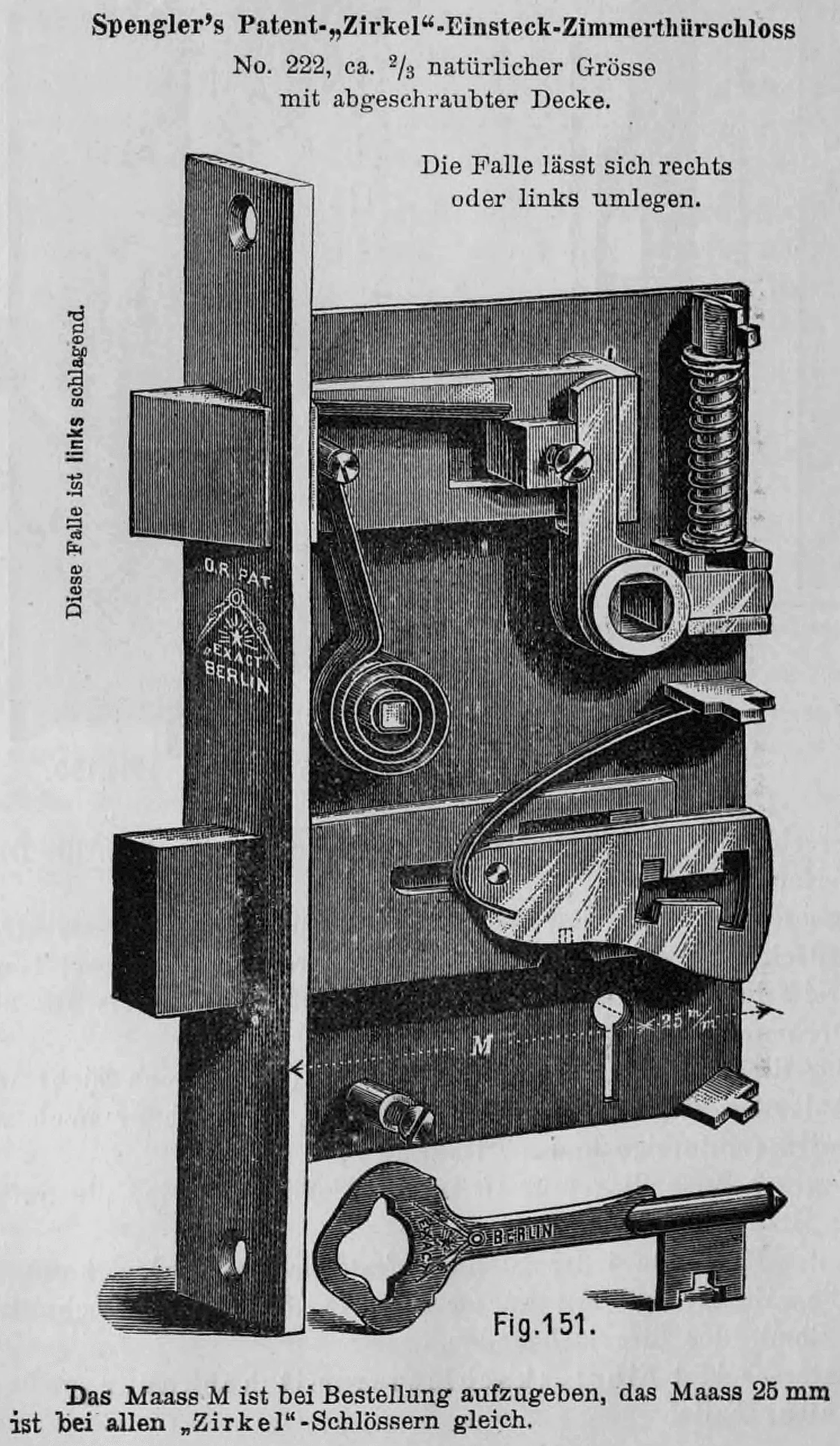 Fig. 151: Detaillierte technische Zeichnung eines geöffneten Zirkel-Einsteckschlosses von Spengler.