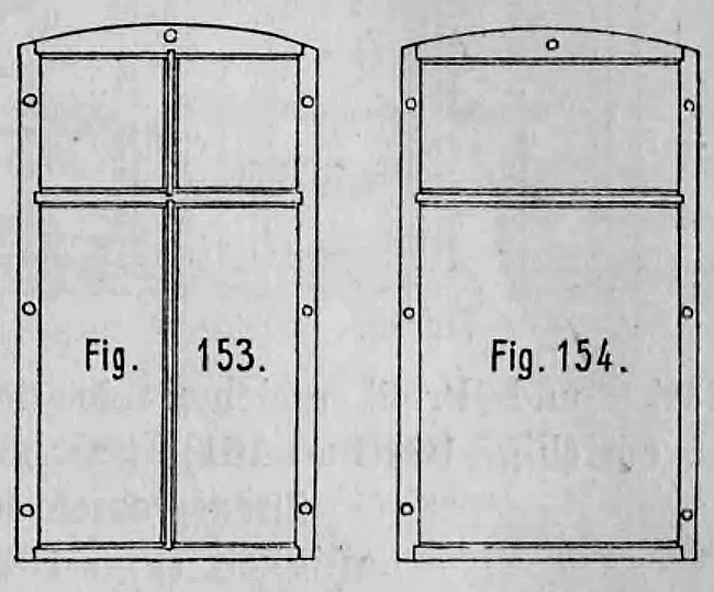 Fig. 153, Fig. 154: Schematische Darstellungen von Fenster-Futterrahmen mit Kämpfer und Setzholz.
