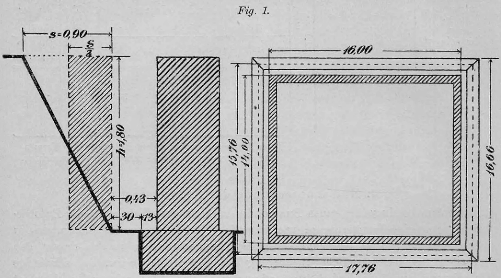 Fig. 1: Technische Zeichnung zur Erläuterung der Massenberechnung eines Erdaushubs für ein Fundament.