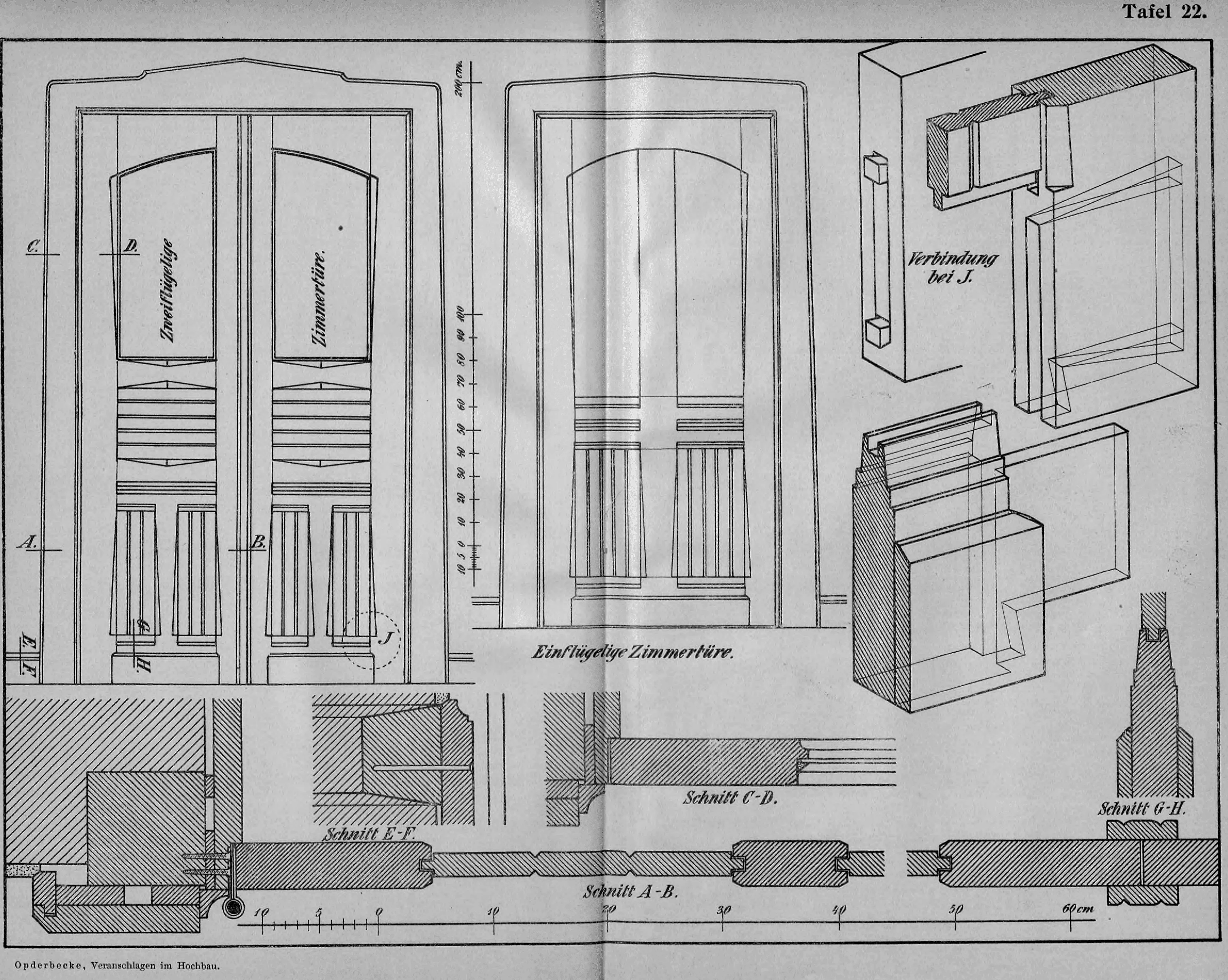 Tafel 22.: Umfassende Konstruktionszeichnungen für ein- und zweiflügelige Zimmertüren inklusive technischer Details.