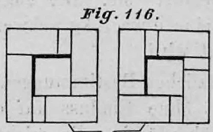 Schematische Darstellung des Mauerwerkverbandes eines Schornsteinkastens (Fig. 116) zur Vermeidung von Dreiviertelsteinen durch den Einsatz von Riemchen.