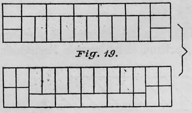 Schematische Darstellung eines Endverbands mit Dreiquartieren für eine 1 1/2 Stein starke Mauer (Figur 19).