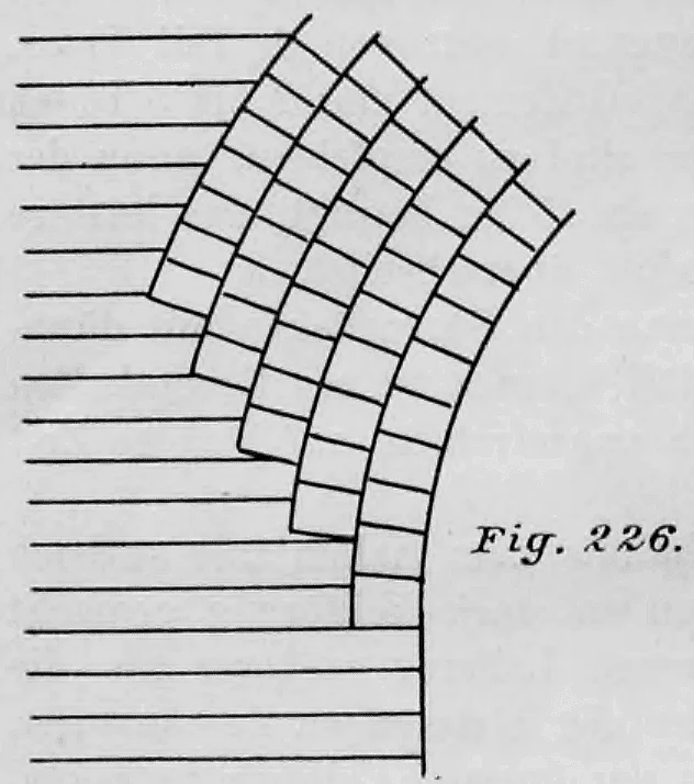 Schematische Detailzeichnung eines gemauerten Bogens, dessen einzelne Ringe auf unterschiedlichen Höhen ansetzen.