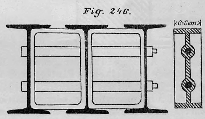 Ein gedruckter Textausschnitt aus einem historischen Baubuch über die Verkuppelung von Eisenbalken.