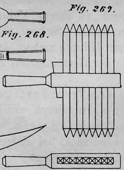 Eine schematische Zeichnung eines Kröneleisens (Fig. 267), eines historischen Werkzeugs für die Steinbearbeitung.