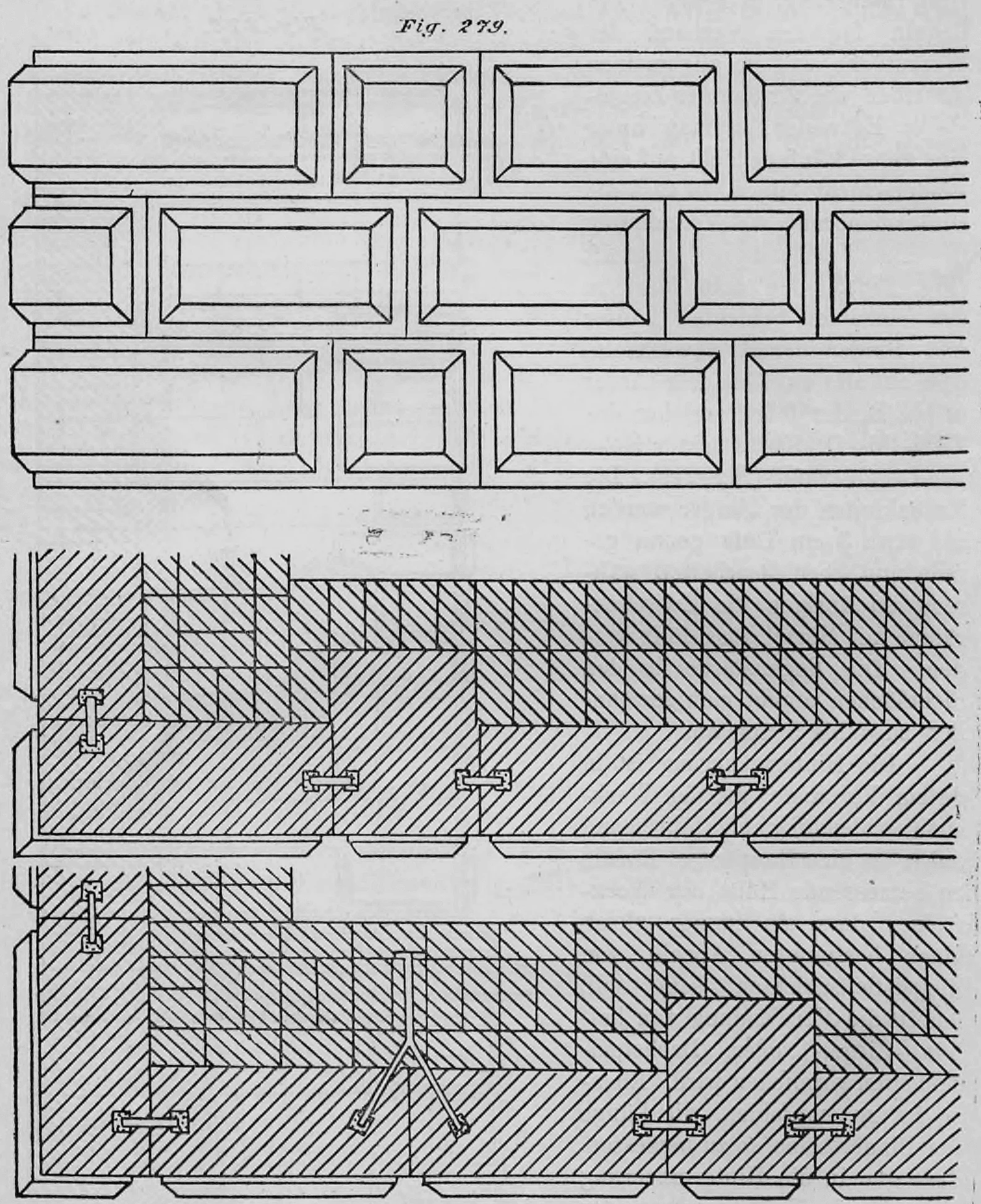 Die technische Zeichnung zeigt die Außenansicht sowie zwei horizontale Schnitte eines Blendmauerwerks aus Werksteinen mit einer Hintermauerung aus Ziegelsteinen.