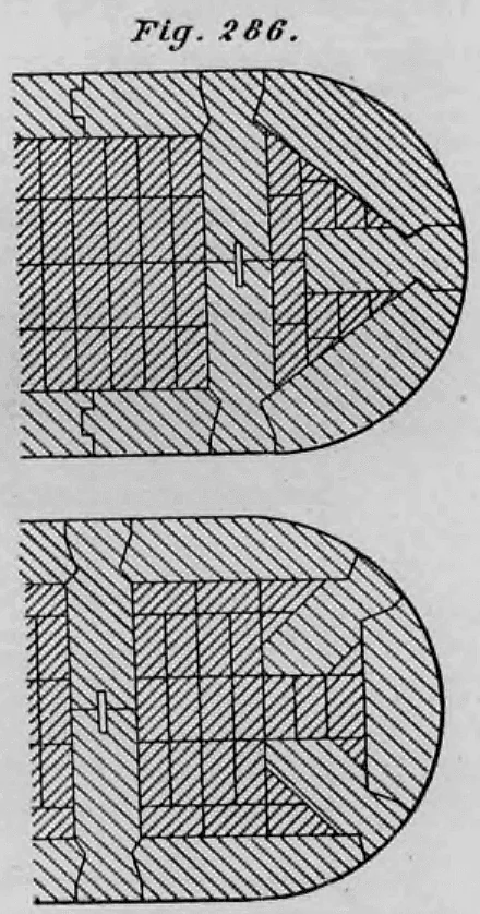 Zwei schematische Horizontalschnitte durch das abgerundete Ende eines Brückenpfeilers oder einer Kaimauer mit verzahnten und verdübelten Werksteinen.
